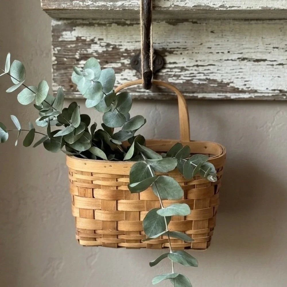 Wood Slat Hanging Wall Basket Farmhouse Rustic Storage Decor Natural